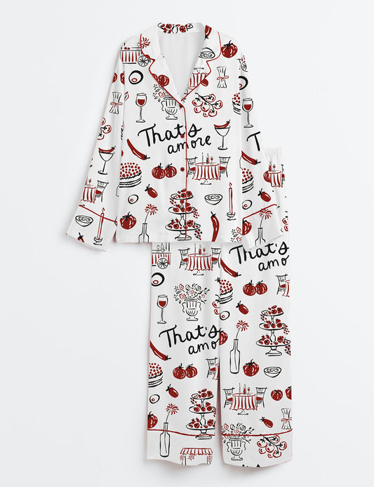Women’s Hand Drawn Whimsical Illustrations Of Italian Food Italian Wedding Print Long Sleeve Satin Pajama Set