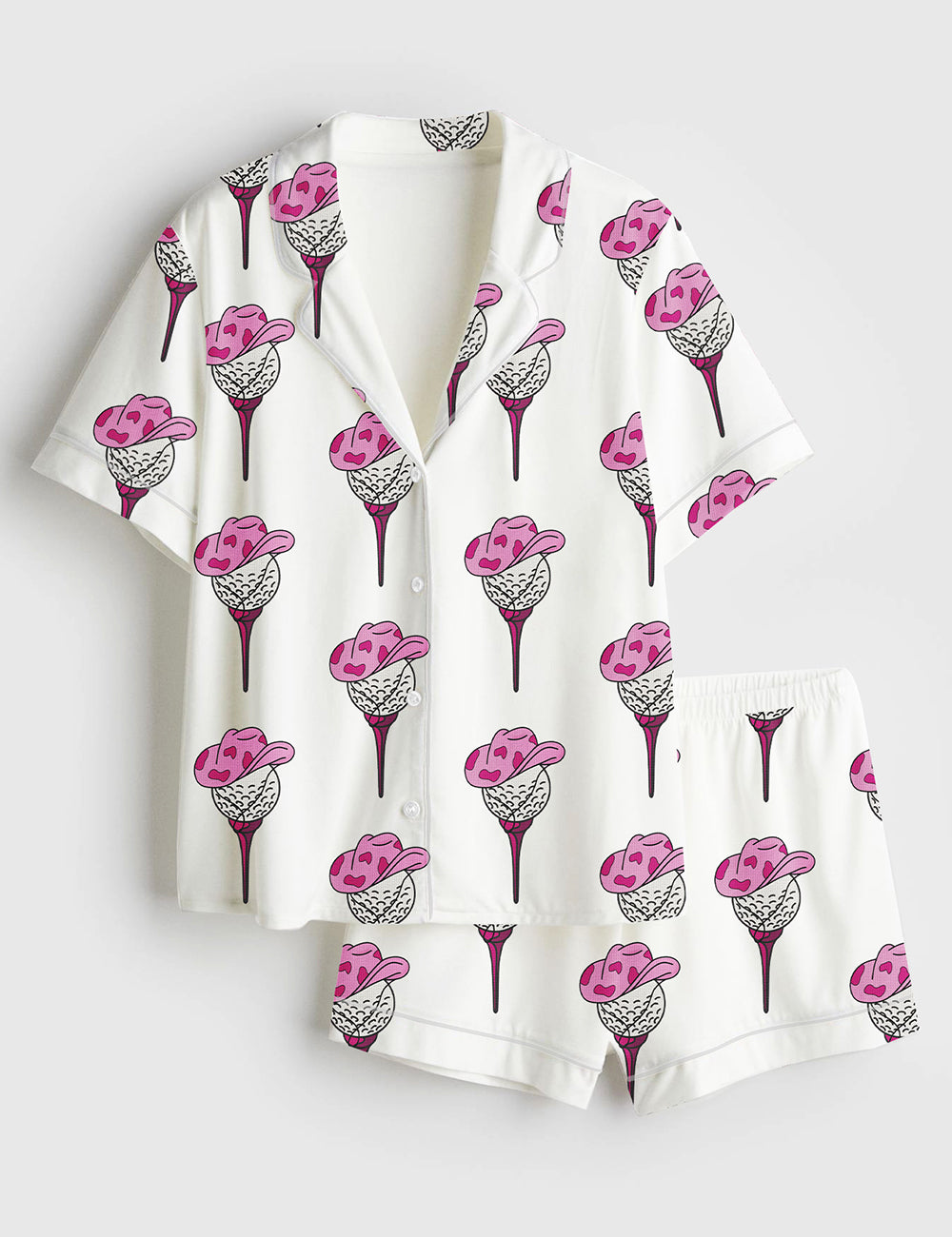 Women’s Pink Western Cowgirl Golf Ball Golf Bachelorette Party Short Sleeve Satin Pajama Set