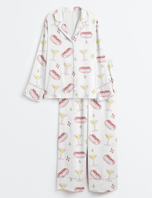 Women’s Weenies And Tinis Bachelorette Hot Dogs And Martinis Print Long Sleeve Satin Pajama Set