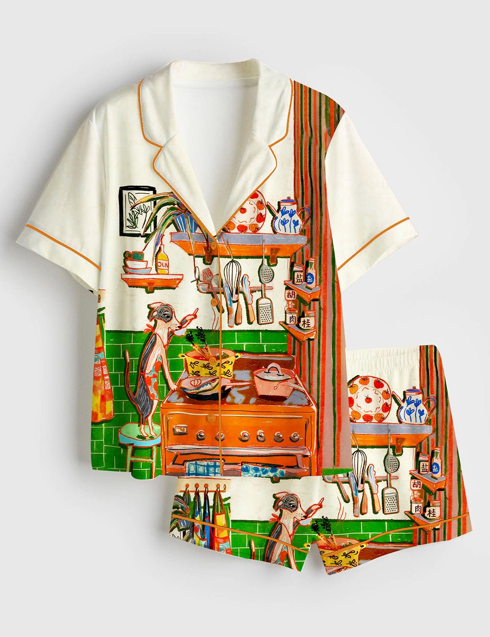 Women’s Whimsical Dinner Time Dog Art Print Short Sleeve Satin Pajama Set