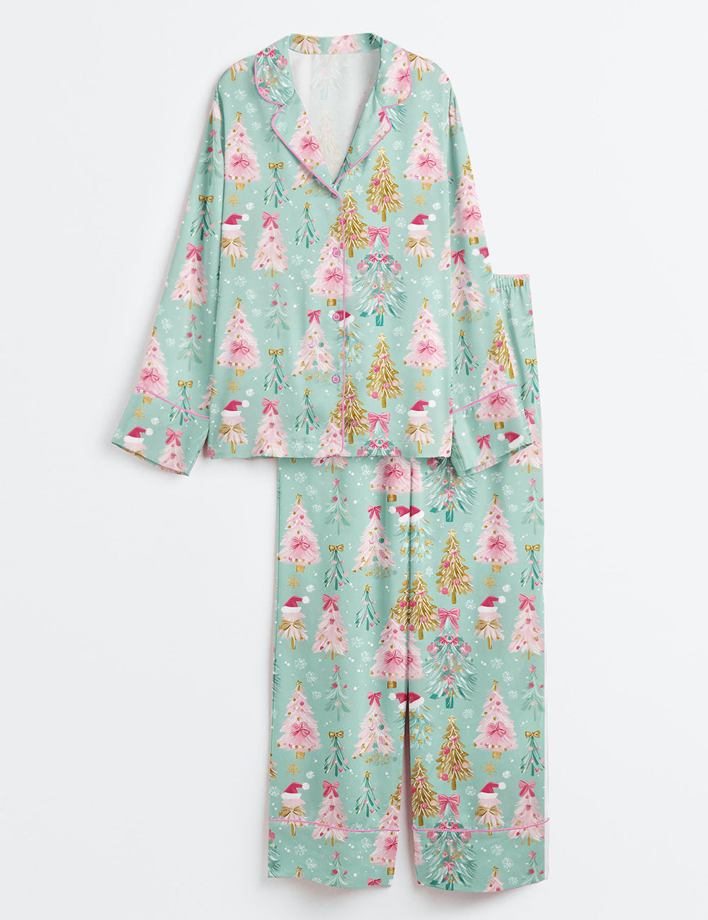 Women’s Preppy Twinkle Trees Pink And Mint Christmas Trees With Bows And Glitter Long Sleeve Satin Pajama Set