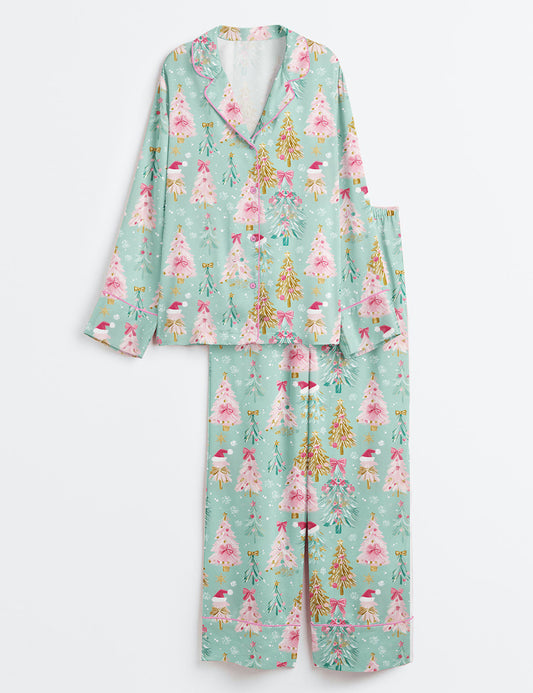 Women’s Preppy Twinkle Trees Pink And Mint Christmas Trees With Bows And Glitter Long Sleeve Satin Pajama Set