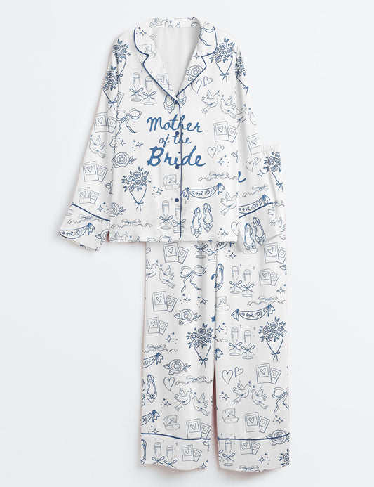 Women’s Mother Of The Bride Going To The Chapel Getting Ready Wedding Party Print Long Sleeve Satin Pajama Set