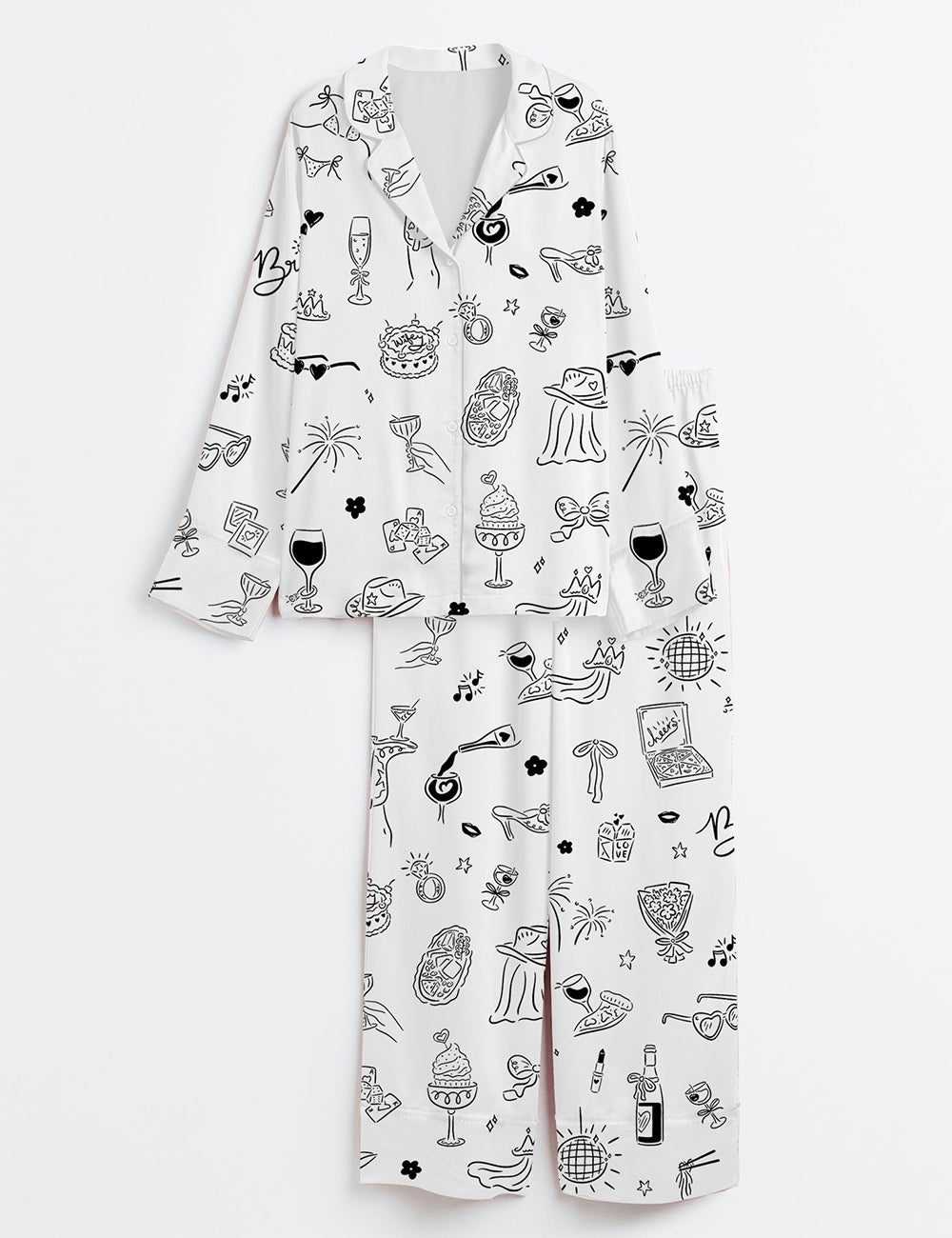 Women’s Hand Drawn Bachelorette Doodle Whimsical Handdrawn Girls Night Bach Party Long Sleeve Satin Pajama Set