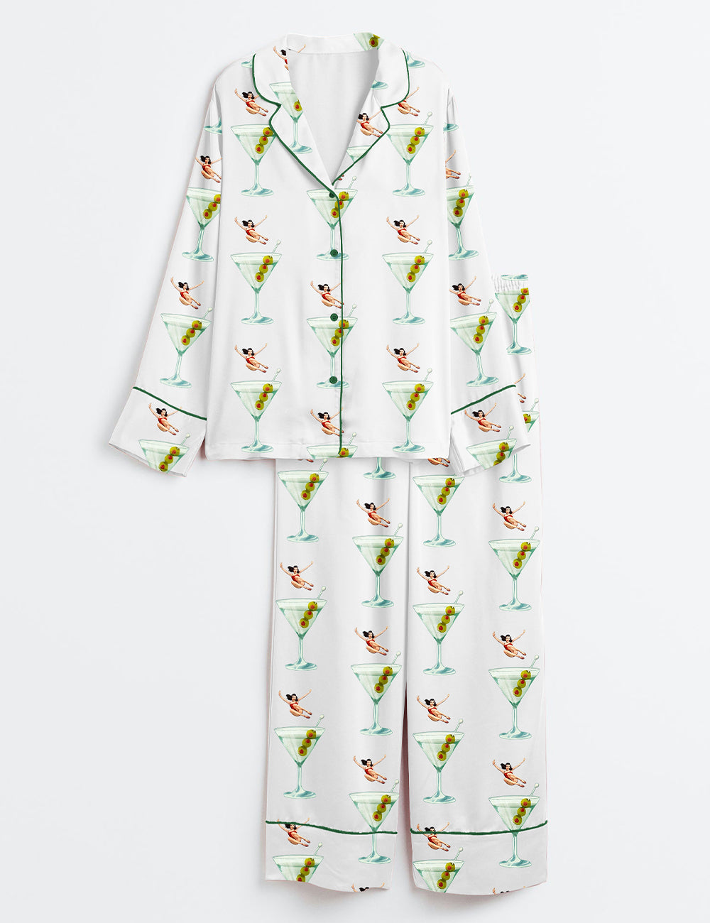 Women’s Pretty Girl Jumps Into Martini Cocktail Long Sleeve Satin Pajama Set