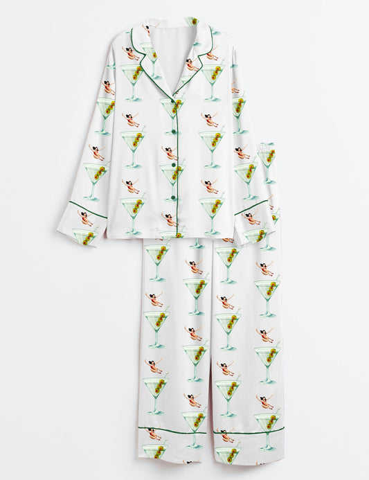 Women’s Pretty Girl Jumps Into Martini Cocktail Long Sleeve Satin Pajama Set