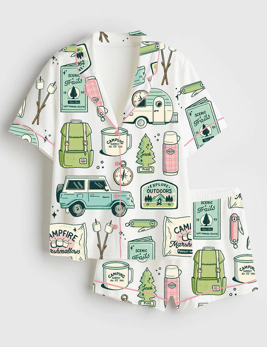 Women’s Outdoorsy Camping Supplies Short Sleeve Satin Pajama Set