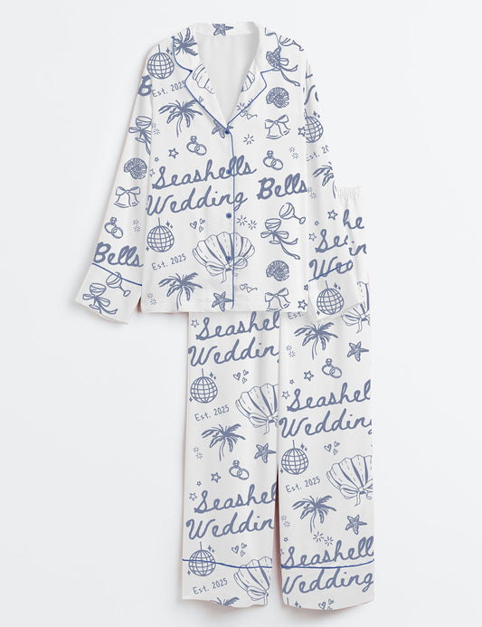 Women’s Seashells And Wedding Bells Bachelorette Beach Bachelorette Seashell Hens Party Print Long Sleeve Satin Pajama Set