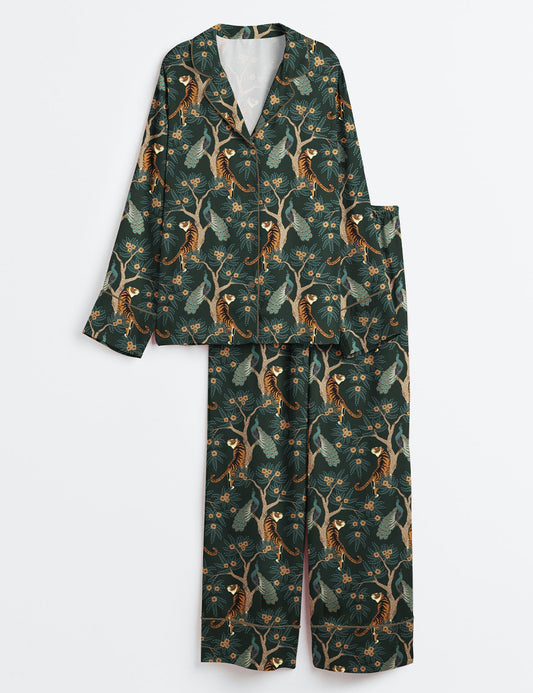 Women’s Bengal Tiger And Peacock Chinoiserie Asian Inspired Print Long Sleeve Satin Pajama Set