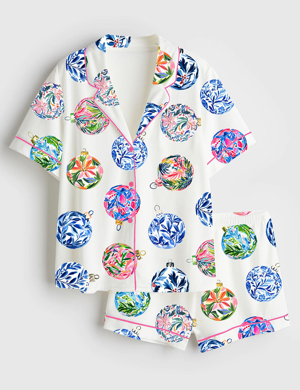 Women’s Preppy Baubles Watercolor Christmas Holiday Ornaments Print Short Sleeve Satin Pajama Set