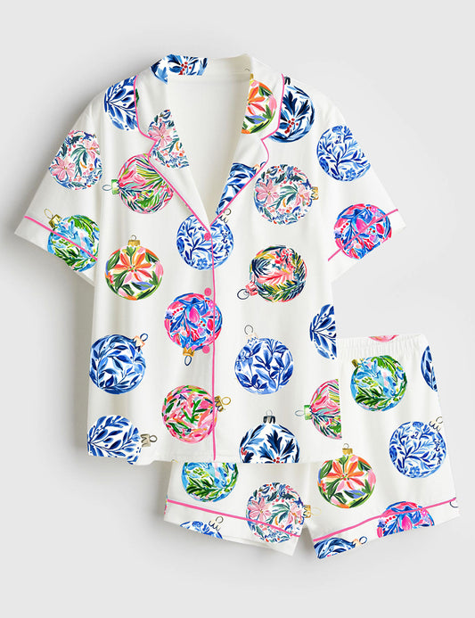 Women’s Preppy Baubles Watercolor Christmas Holiday Ornaments Print Short Sleeve Satin Pajama Set