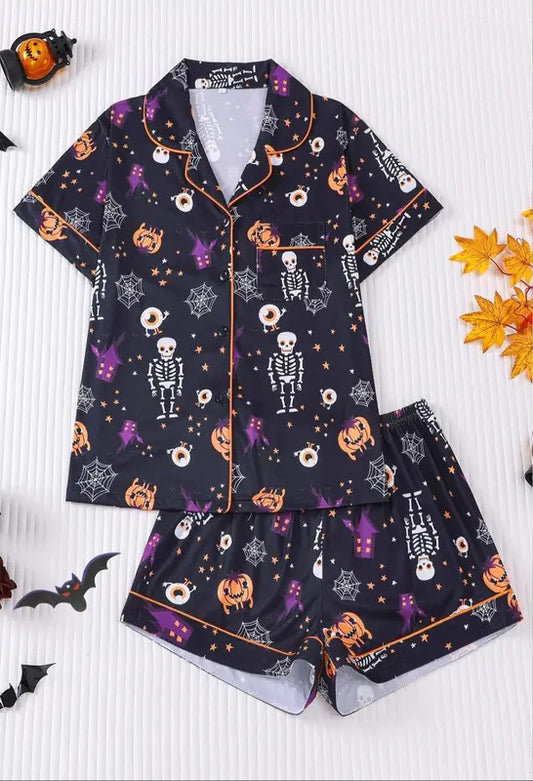 2 Piece Halloween Print Women's Pajama Set, Soft Button-Up Short Sleeve Shirt and Loose Stretch Shorts, Comfortable Cozy Sleepwear for Casual Home Wear