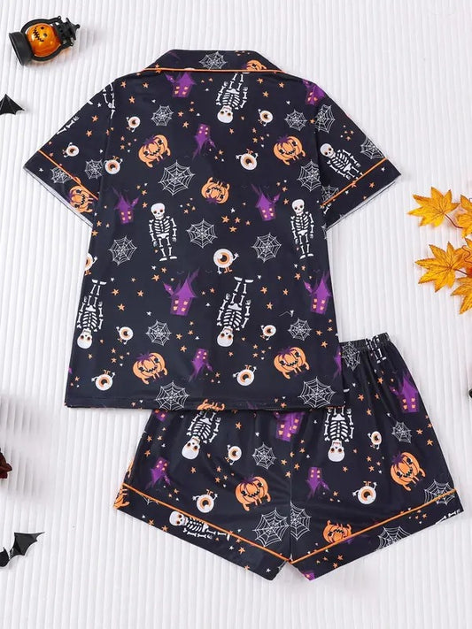 2 Piece Halloween Print Women's Pajama Set, Soft Button-Up Short Sleeve Shirt and Loose Stretch Shorts, Comfortable Cozy Sleepwear for Casual Home Wear