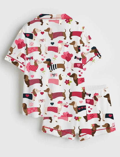 Women's Valentine Dachshund Dog Short Sleeve Satin Pajama Set