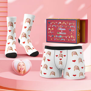 Custom Face Boxer Shorts And Socks Red Love Heart Valentine's Day Gift Co-Branding Set