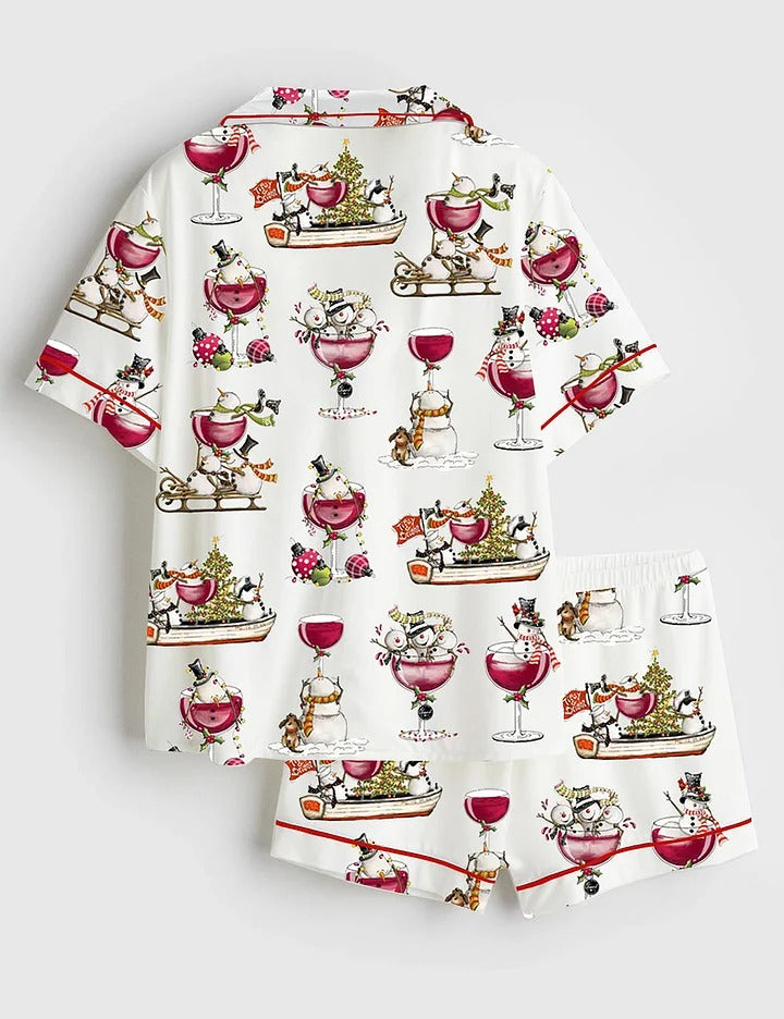 Women's Christmas Winey Snowman Short Sleeve Satin Pajama Set