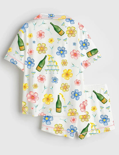 Women’s Champagne Martini Floral Short Sleeve Satin Pajama Set
