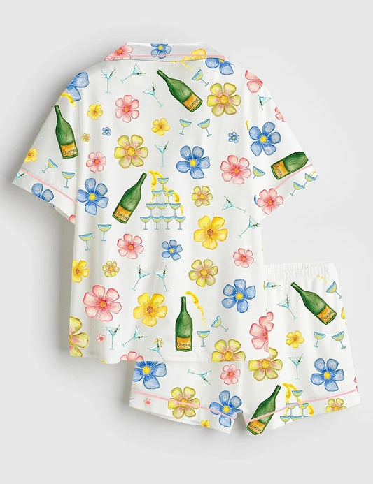 Women’s Champagne Martini Floral Short Sleeve Satin Pajama Set