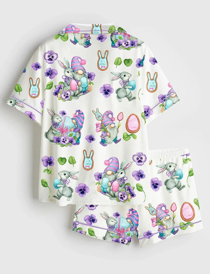 Women’s Watercolor Easter Gnomes Easter Bunny Easter Eggs Short Sleeve Satin Pajama Set