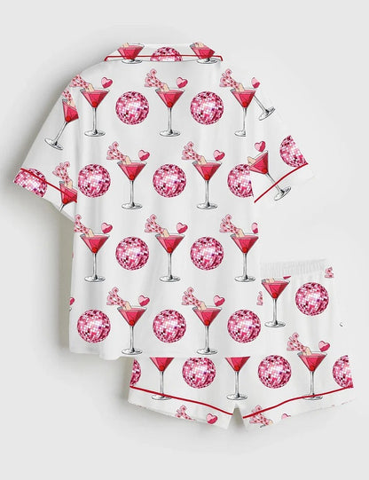 Women's Valentine's Day Cocktail Glass Short Sleeve Satin Pajama Set