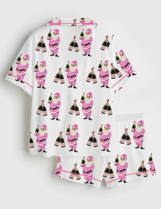 Women's Christmas Santa Short Sleeve Satin Pajama Set