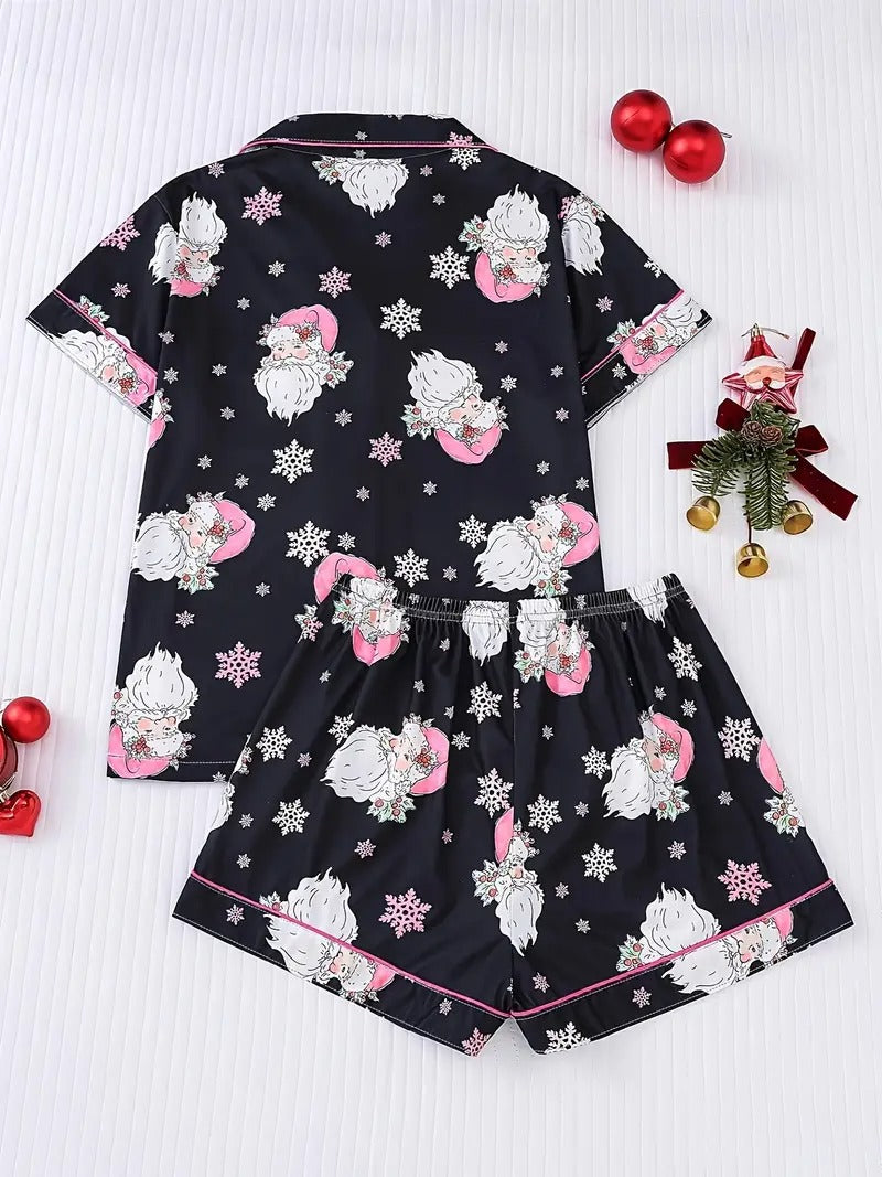 Cozy Christmas Santa Snowflake Print Short Sleeve Women's Sleepwear Set, Button-Up Shirt and Relaxed Elastic Shorts Pajama Set