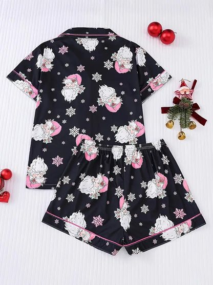 Cozy Christmas Santa Snowflake Print Short Sleeve Women's Sleepwear Set, Button-Up Shirt and Relaxed Elastic Shorts Pajama Set