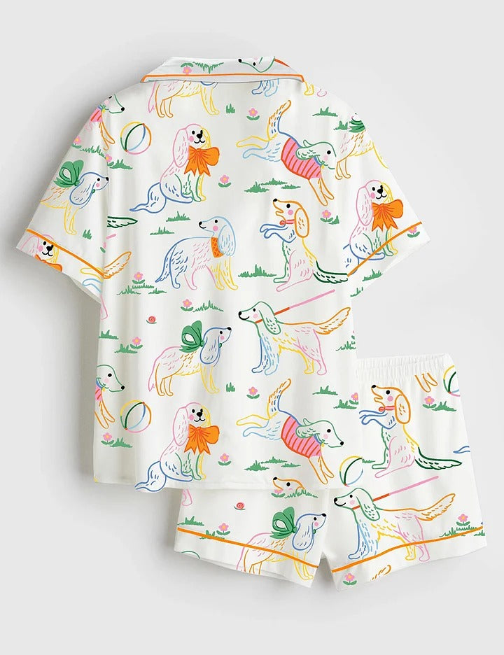 Women’s Cute Dog Illustration Short Sleeve Satin Pajama Set