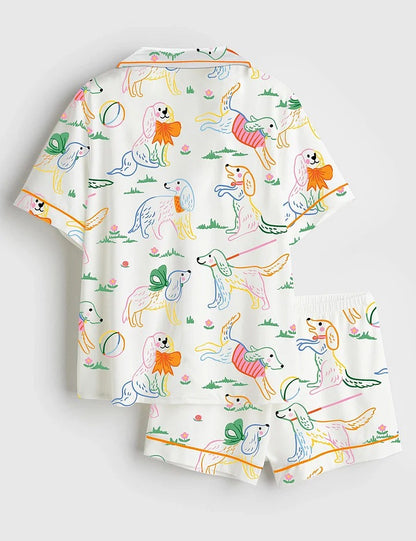 Women’s Cute Dog Illustration Short Sleeve Satin Pajama Set