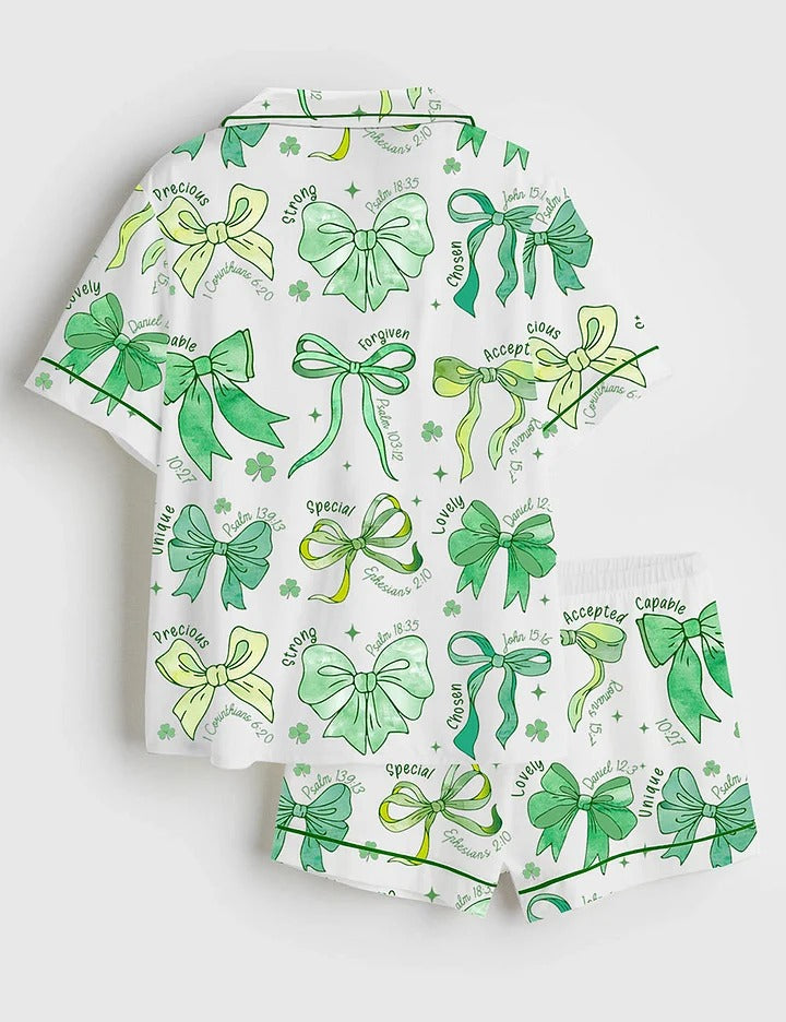 Jesus Christian St.Patrick Day Coquette Bow Short Sleeve Satin Pajama Set