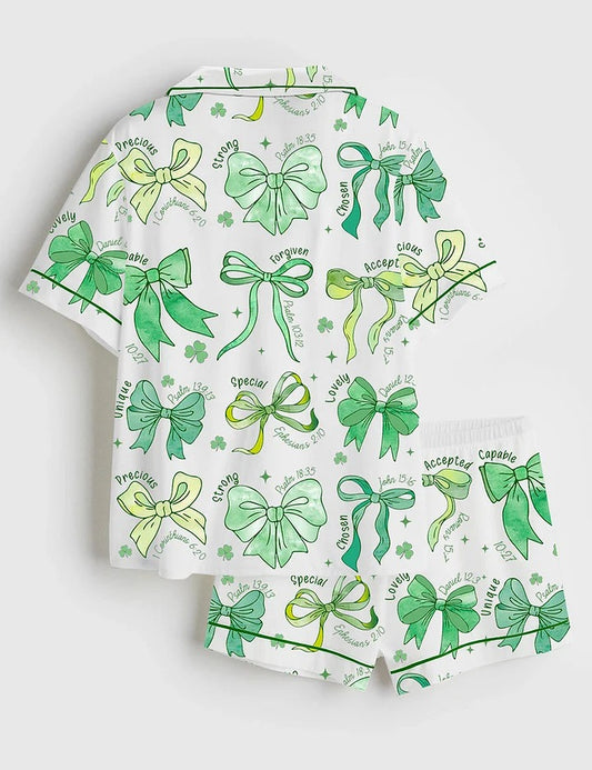 Jesus Christian St.Patrick Day Coquette Bow Short Sleeve Satin Pajama Set