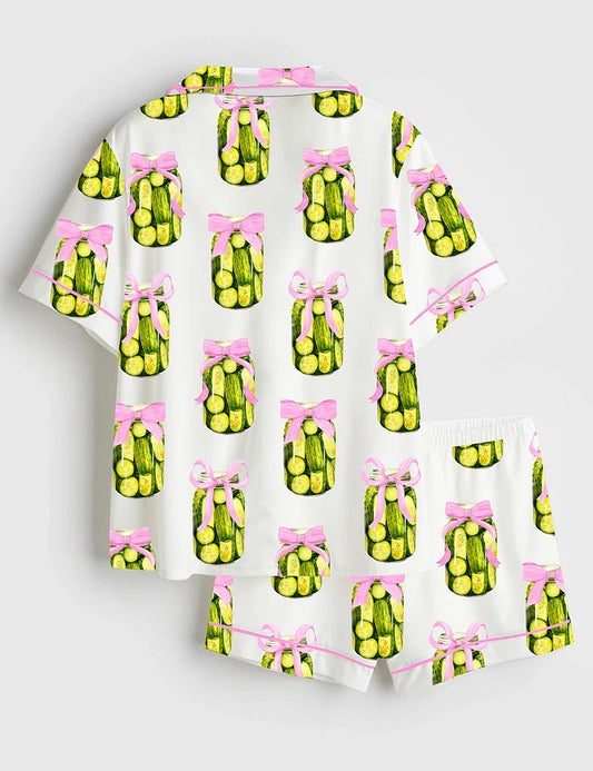 Women’s Coquette Pickle Lovers Fancy Girl Who Loves Pickles Print Short Sleeve Satin Pajama Set