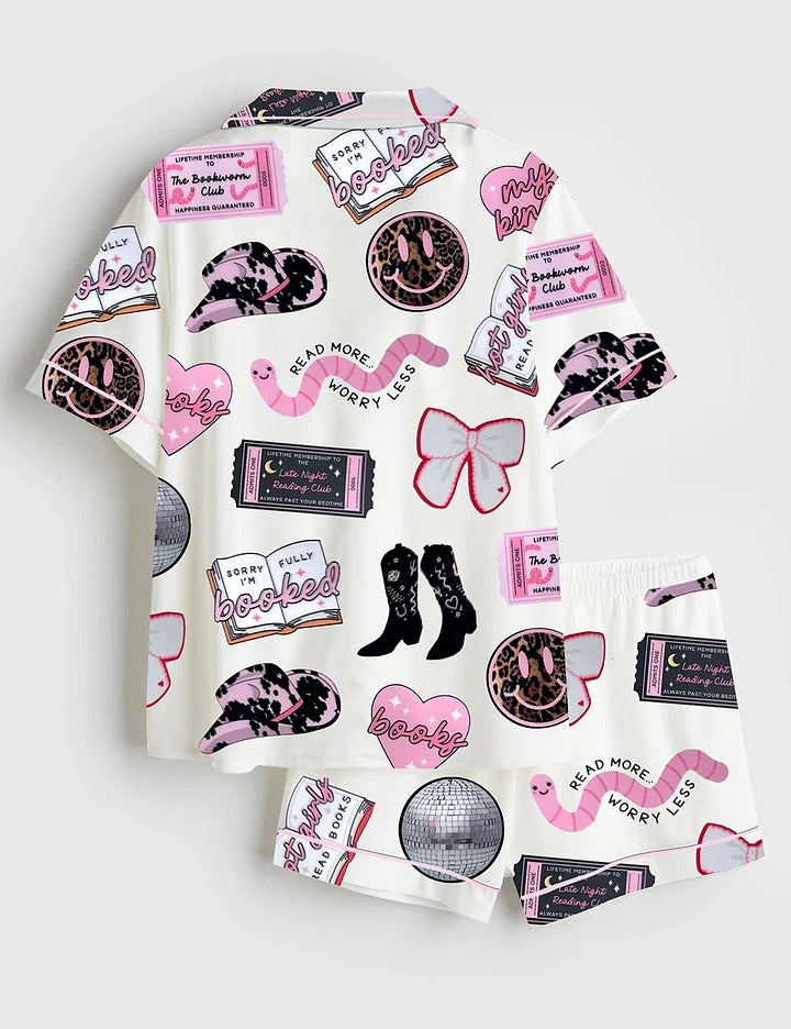 Women's Disco Ball Cherries Smiley Bookworm Long Sleeve Satin Pajama Set