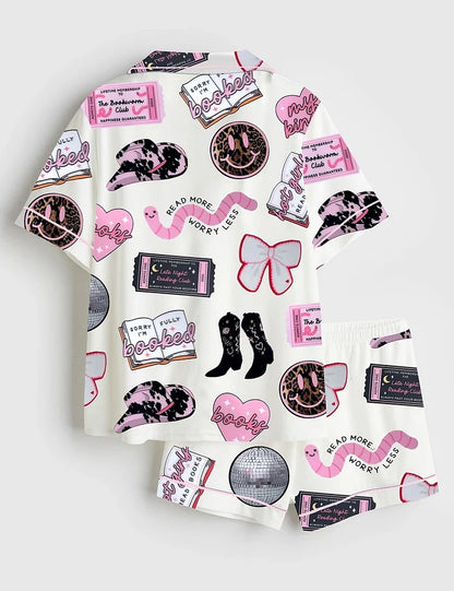 Women's Disco Ball Cherries Smiley Bookworm Long Sleeve Satin Pajama Set