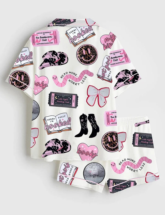 Women's Disco Ball Cherries Smiley Bookworm Long Sleeve Satin Pajama Set