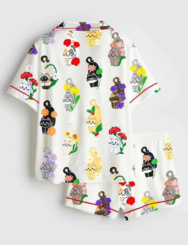 Women’s Birth Months Flower Cats Cute Cat Lover Print Short Sleeve Satin Pajama Set