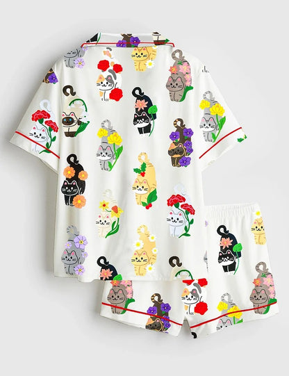 Women’s Birth Months Flower Cats Cute Cat Lover Print Short Sleeve Satin Pajama Set