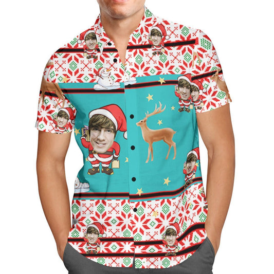 Custom Face Personalized Christmas Hawaiian Shirt Santa Claus and Reindeer