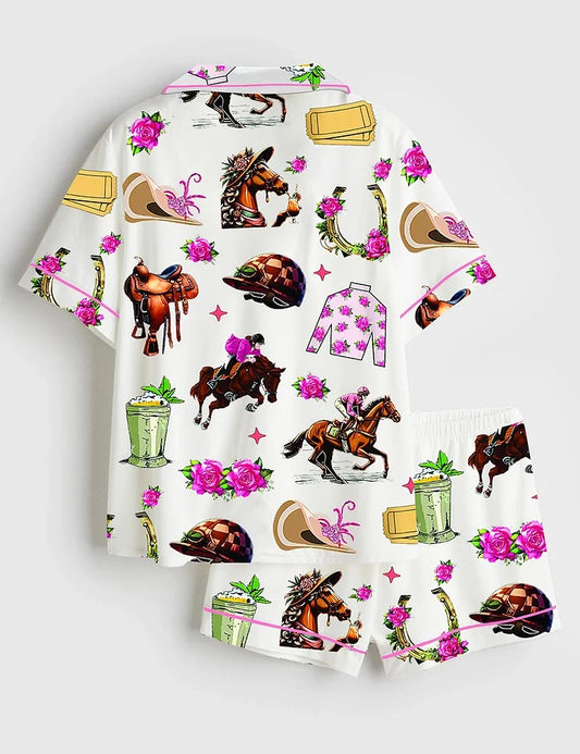 Women’s Kentucky Derby Run For The Roses Kentucky Horse Racing Western Short Sleeve Satin Pajama Set