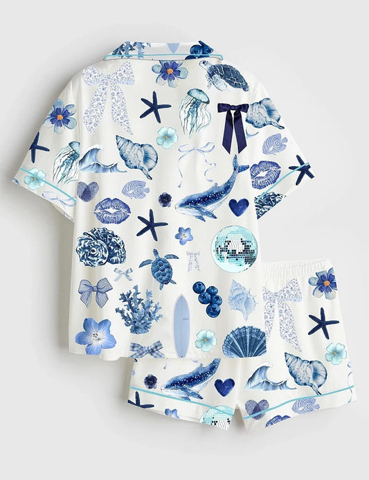 Women’s Coquette Seashell Coastal Summer Vibes Turtle Shark Shell Sea World Short Sleeve Satin Pajama Set