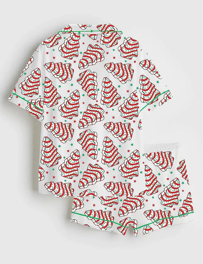 Women's Christmas Tree Cake Shorts Sleeve Satin Pajama Set