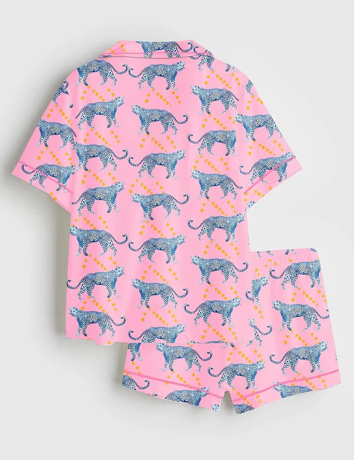 Women’s Pink Cosmic Cheetah Watercolor Cheetah Wildlife Print Short Sleeve Satin Pajama Set