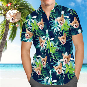 Custom Hawaiian Shirt with Face Custom Dog Face Tropical Shirts Leaves Father's Day Shirt Gift for Dad