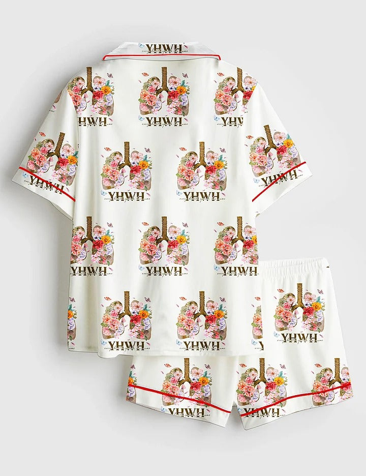 Women’s YHWH Lungs Christian Every Breath Speak His Name Jesus Short Sleeve Satin Pajama Set