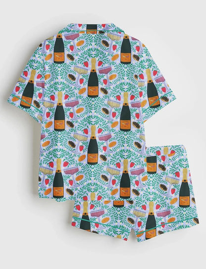 Women's Champagne Glasses Food Plants Short Sleeve Satin Pajama Set