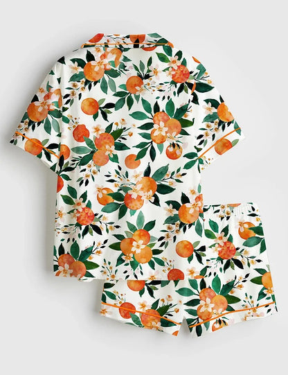 Women’s Orange Fruit Short Sleeve Satin Pajama Set