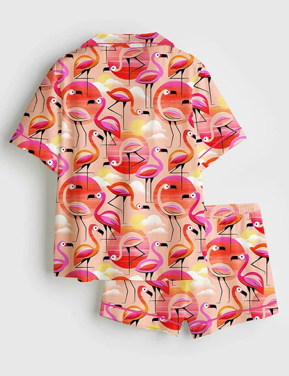Women's Pink Flamingo Short Sleeve Satin Pajama Set