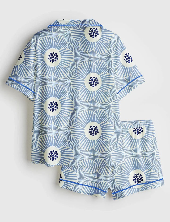 Women’s Overlapping Camellia Bright Blue Print Long Sleeve Satin Pajama Set
