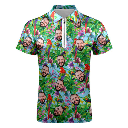 Custom Polo Shirt with Zipper Personalized Face Hawaiian Style Men's Polo Shirt for Him