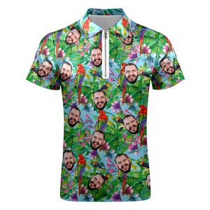 Custom Polo Shirt with Zipper Personalized Face Hawaiian Style Men's Polo Shirt for Him